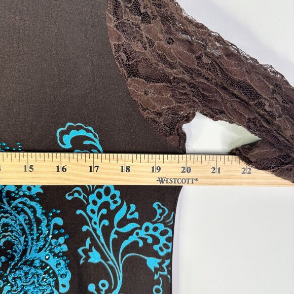 Lady Noiz Dress Women L Brown Turquoise Embellished Bling 3/4 Lace Slv Bohemian - Picture 6 of 8